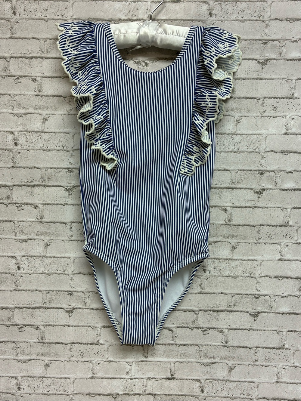 GYMBOREE Girls Size 6 Kids Striped Swimsuit Ruffles Navy Blue White Eyelet